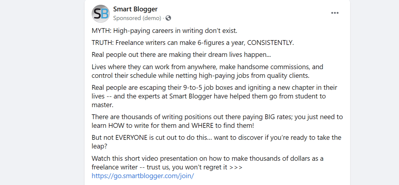 Facebook post written by copywriter