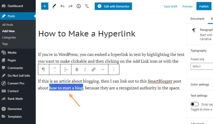 how to make a hyperlink highlight text wordpress post