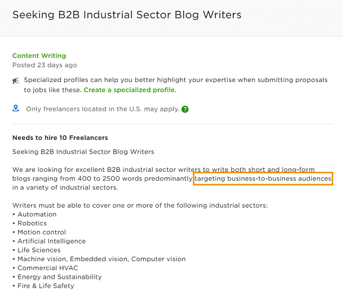 writing sample job ad screenshot b2b industrial