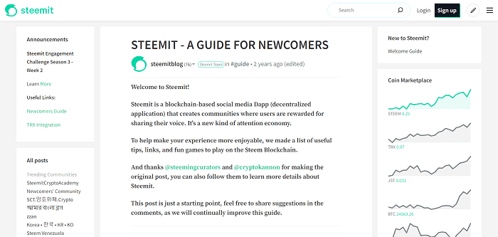 Screenshot of Steemit blog post guide for newcomers