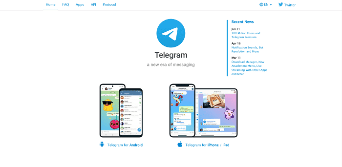 Screenshot of Telegram home page