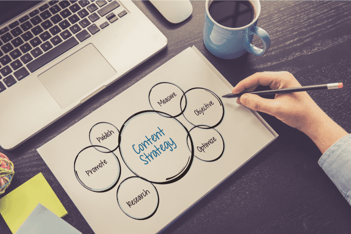 Laptop and hand writing venn diagram about content marketing
