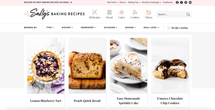 Home page of food blog with photos of baked goods
