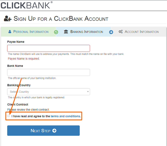 ClickBank Account signup step 2