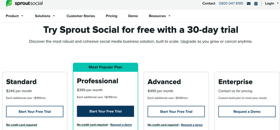 landing page example of pricing page from sprout social