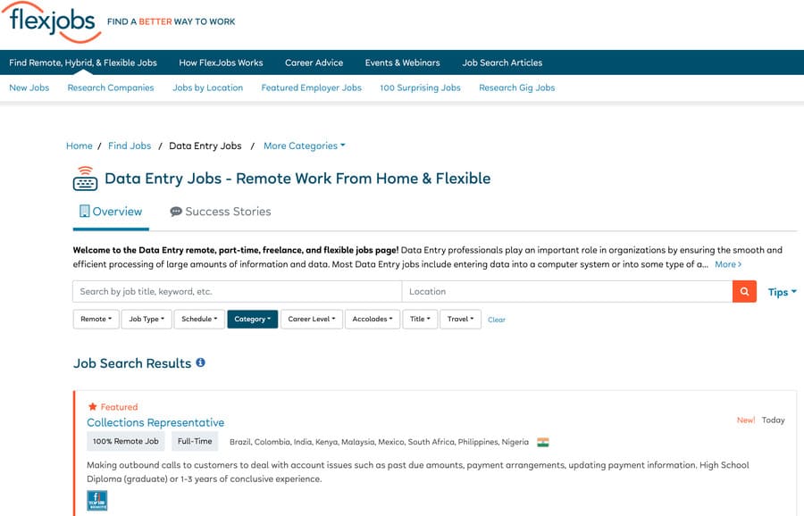 data entry job screenshot from flexjobs