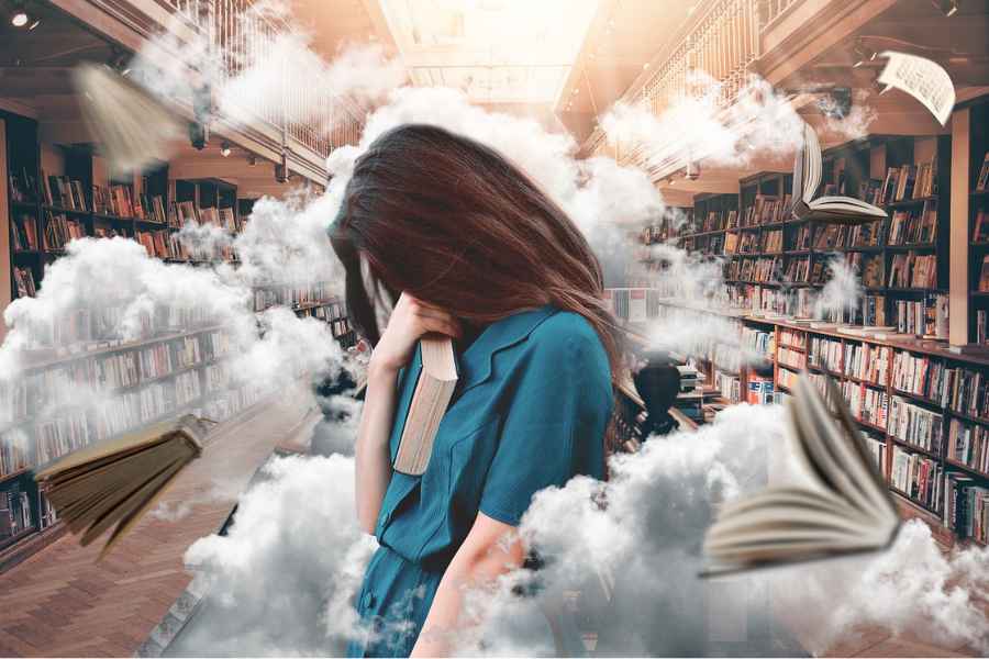 woman holding a book with clouds and library backdrop